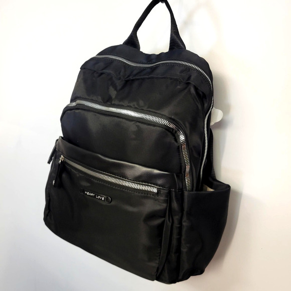 Heart Love Backpack Womens M Black Nylon Faux Leather Zip Organizer Pouch New main image 13